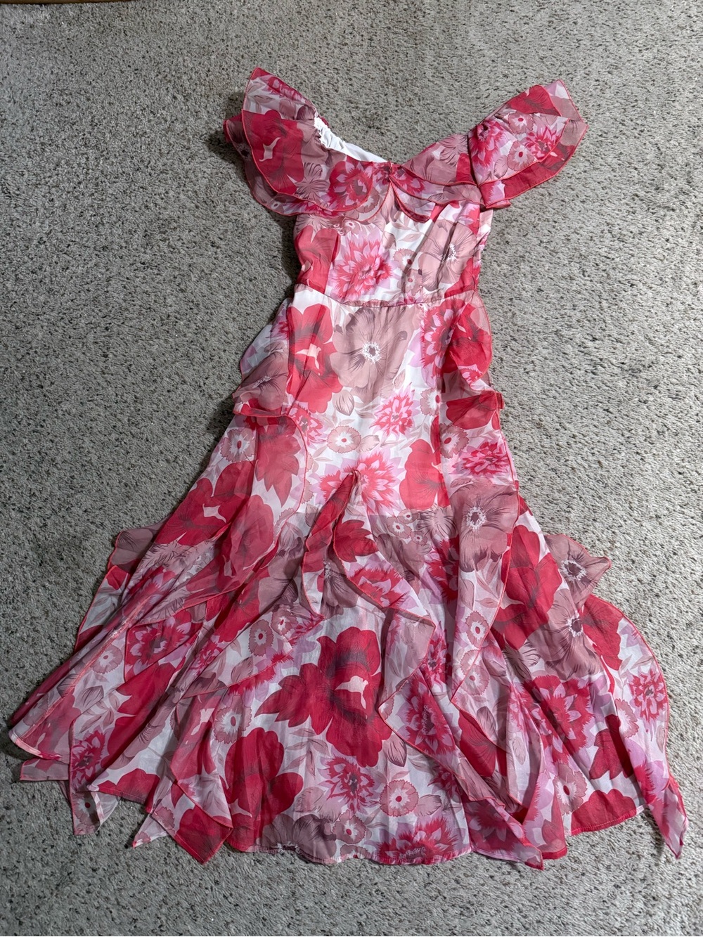 Floral Ruffle Dream: Romantic Chiffon Off-Shoulder High-Low Maxi Dress in Pink